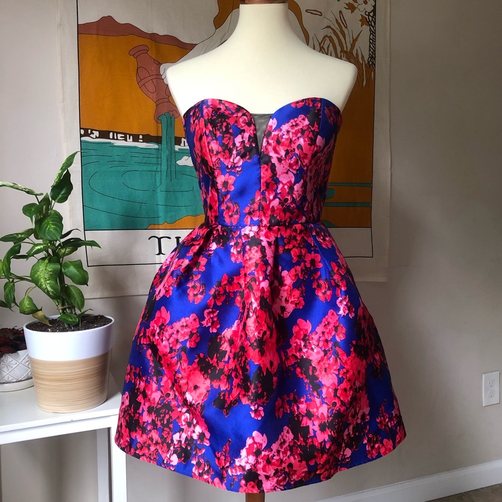 B Darlin strapless floral fit n flare dress